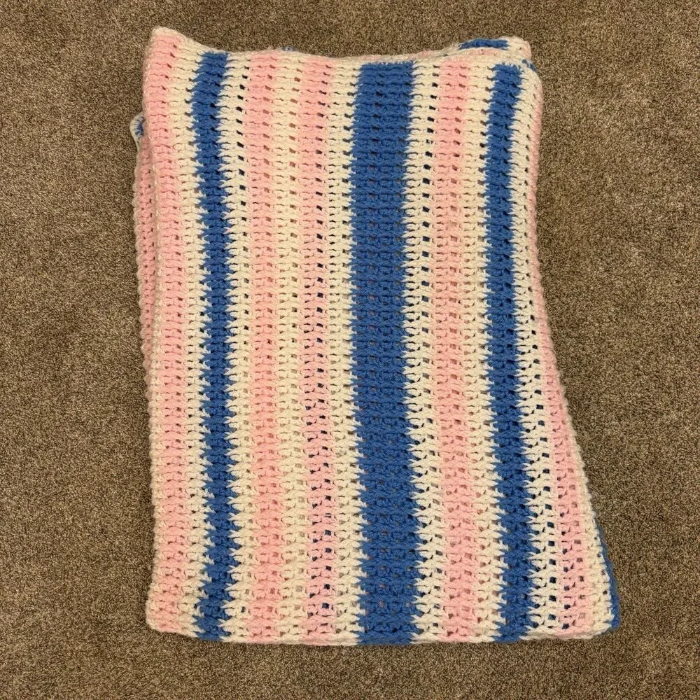 Crocheted Baby Blanket 50x80 Inches Blue Pink and White Handmade Soft Thick Nice